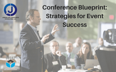 'Conference Blueprint: Strategies for Event Success' with a photo of a gentleman presenting at a conference