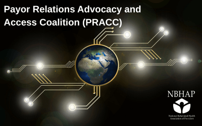 a black background, with the Earth in the center with a gold ring that has lines going out to different areas. The NBHAP logo in the lower right. Text reads 'Payor Relations Advocacy and Access Coalition (PRACC)'